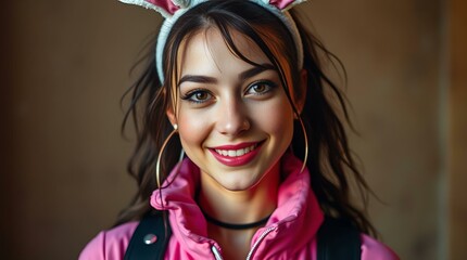 Smiling Young Woman Wearing Pink Cat Ears Headband and Hoop Earrings