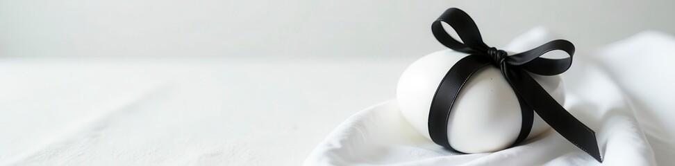 A pristine white egg, delicately tied with a black ribbon, rests on soft white fabric, easter, new life, festive
