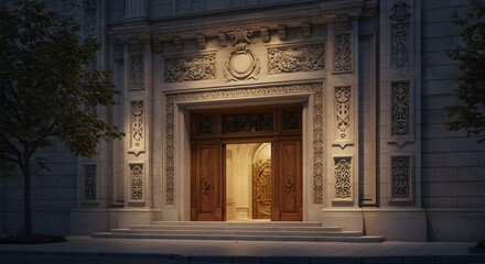 Obraz premium Elegant building facade with ornate stone carvings and grand wooden doors