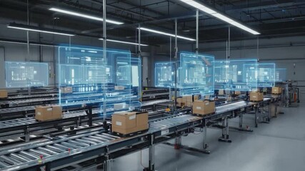 Automated warehouse, boxes on conveyor belt, digital displays - Powered by Adobe
