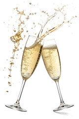 Two champagne flutes clinking with liquid splashing on a  white background creating a festive...