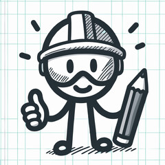 Happy Engineer Cartoon Character with Pencil - Doodle Style Illustration