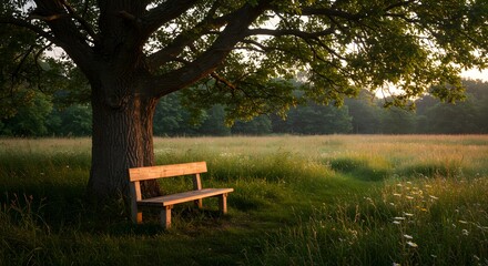Fototapeta premium Serene Sunset Meadow: Wooden Bench Underneath a Majestic Oak Tree