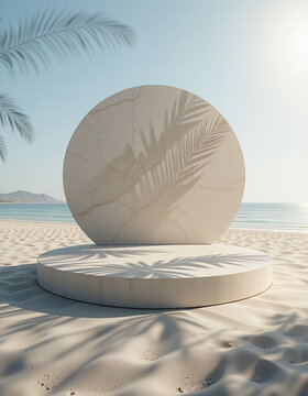 Minimal beach podium with round backdrop and palm leaf shadows on sand, tropical seaside stage for product display, summer mockup with soft lighting and ocean view background