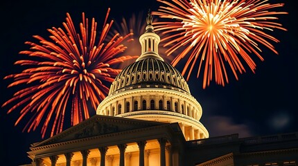 Spectacular Fourth of July Fireworks Exploding Above the Illuminated United States Capitol Building at Night