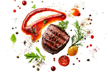 Gourmet grilled steak with fresh herbs cherry tomatoes sauce and colorful seasoning on white background perfect for culinary and food photography