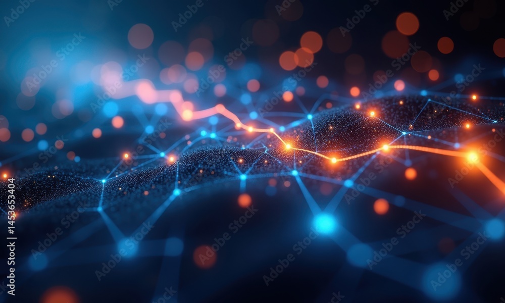 Poster abstract energy flow pattern with bright glowing nodes and lines