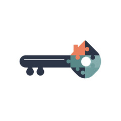 Key shaped like a puzzle piece in blue, orange, and green for unlocking potential concept
