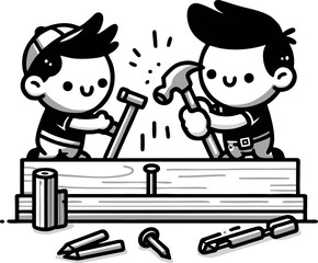 Two Cute Cartoon Boys Building Together, Black and White Illustration
