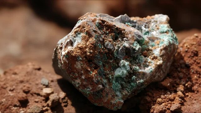 Close-up of a weathered mineral specimen with green malachite and brown limonite on a surface of reddish soil.