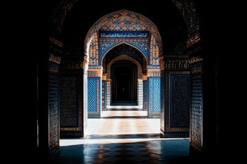 Fototapeta premium Ornate arched hallway with blue and gold tiles, leading to light at the end of the tunnel