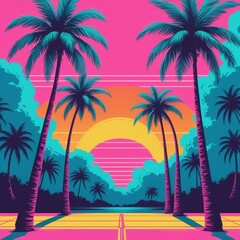 Obraz premium A retro 80s-inspired sunset with vibrant hues of pink, orange, and turquoise, set against a gradient background, evoking a synthwave aesthetic.