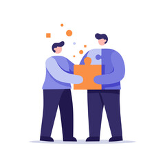 Obraz premium Two men collaborating by handing a puzzle piece in orange color for teamwork concept 