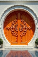 Massive orange & white circular door, intricate design , round door, circle, orange