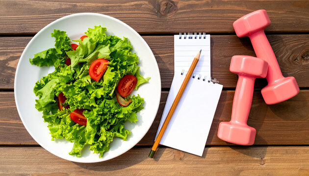 Una ensalada unas mancuernas y un bloc para una dieta de adelgazamiento con alimentaci&oacute;n deporte y salud
