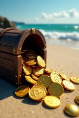 Sun-drenched gold coins spill from weathered chest on beach, pirate, hidden treasure, wealth