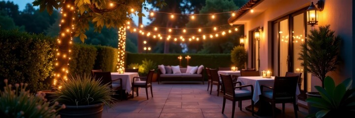 Twinkling string lights illuminate elegant outdoor patio setting, romantic, table, party