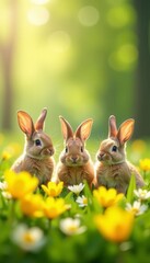 Three happy Easter bunnies in yellow flowers Sunny meadow scene , wildlife, nature, colorful