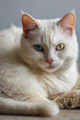 Image is a portrait-style photograph featuring a white cat with heterochromia, displaying one blue eye and one yellow eye.