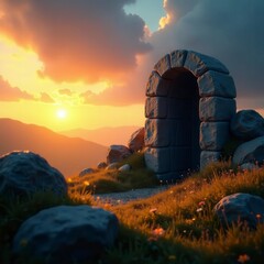 Sunrise illuminates empty stone tomb, Easter dawn, archeological, light, marble