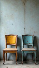 Two weathered chairs face a stark cement wall , texture, urban