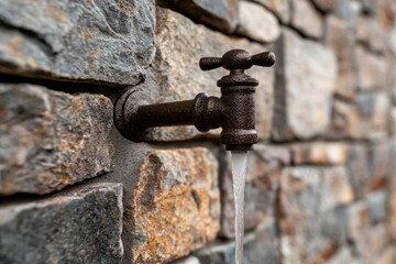 Aged metal faucet fixed to a stone brick wall spews a clear, flowing stream of water