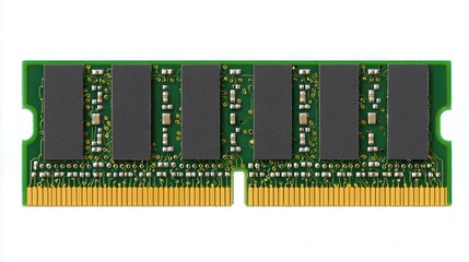 A random access memory (RAM) module is isolated on a white background, showcasing the sleek design and circuitry of this essential computer hardware component.
A random access memory (RAM) module is i