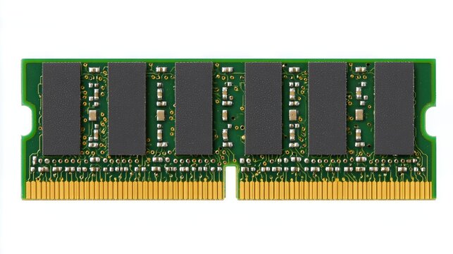A random access memory (RAM) module is isolated on a white background, showcasing the sleek design and circuitry of this essential computer hardware component.
A random access memory (RAM) module is i