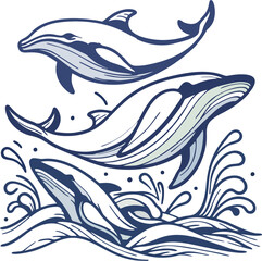 Whale dolphins jumping over waves, line art style, clean thin lines, flat minimal design with clear outlines.