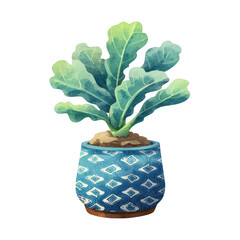 Lush green plant with large leaves in decorative blue pot with unique patterns, suitable for home decor and interior styling projects