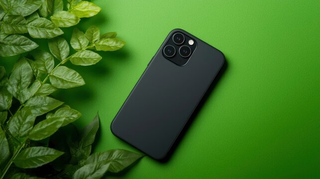Black phone back flat lay on green background with lush green leaves, close-up, studio lighting