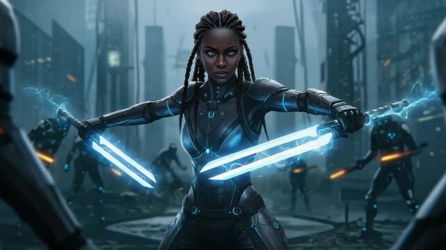 A fierce warrior stands ready to fight against multiple enemies in a dark, advanced cityscape