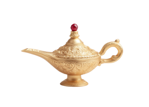 Golden ornate magic lamp with red gem, isolated on transparent background, magic, wish, fantasy.