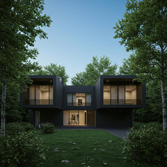 Modern Black House Forest Architecture Private Design Nature Integration House In Woods Copy Space