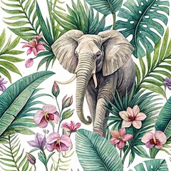 Seamless watercolor design of elephant with tropical green palm leaf and flowers white background