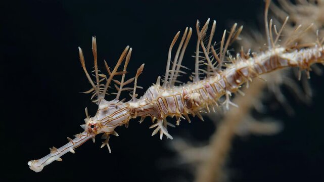 Ornate ghost pipefish swimming in a dark ocean environment, with intricate patterns and delicate appendages, a unique marine creature