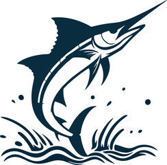 Simple minimalist drawing of a blue marlin leaping out of the water, clean sharp outlines