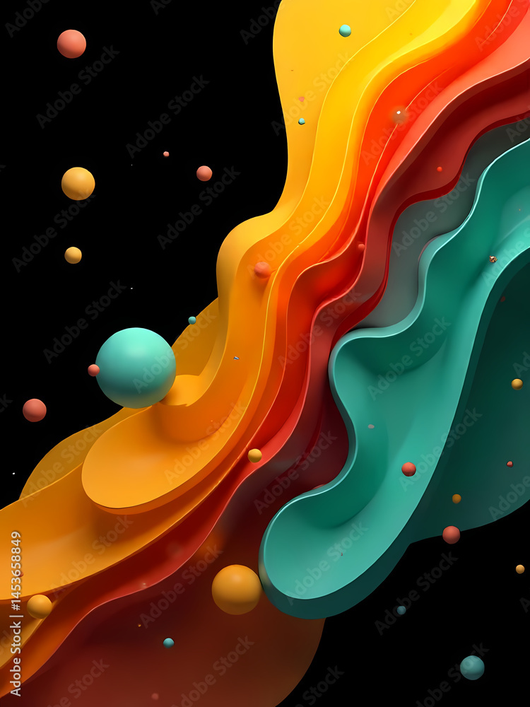 Aufkleber a vibrant abstract design of flowing shapes and spheres, showcasing colorful layering with a dark ba