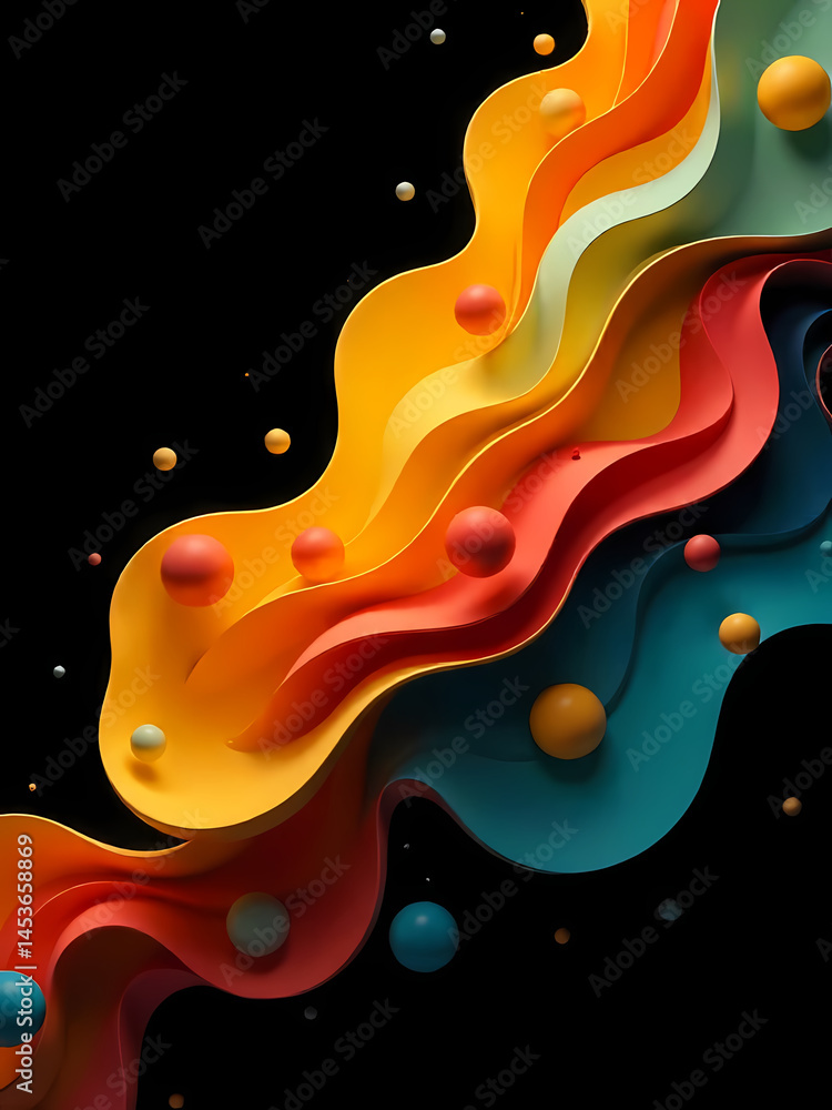 Poster a vibrant and flowing abstract design with layered waves in multiple colors and floating orbs.