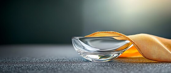 Glass bowl filled with water, cloth edge, dark surface, blurred backdrop