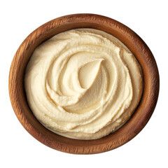  Hummus in a wooden bowl, isolated on a transparent background, top view
