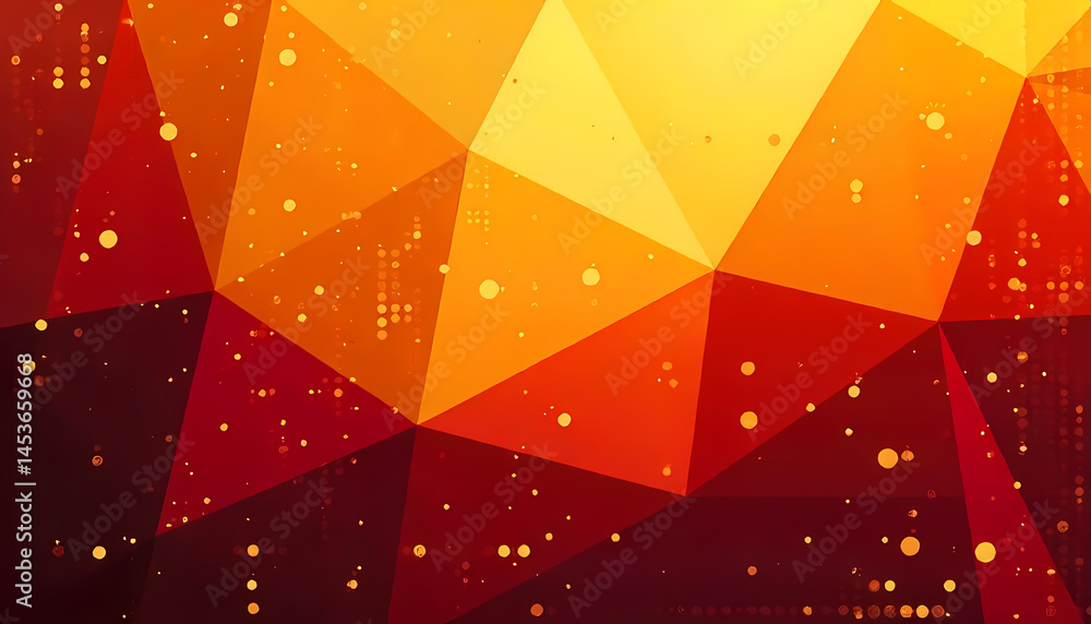 Poster abstract geometric pattern with triangles in red, orange, and yellow with dot elements.