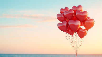 Fototapeta premium Heart-Shaped Balloons at Sunset: A vibrant cluster of heart-shaped balloons floats gently against a breathtaking sunset backdrop, painted in warm hues. The scene embodies themes of love, romance.