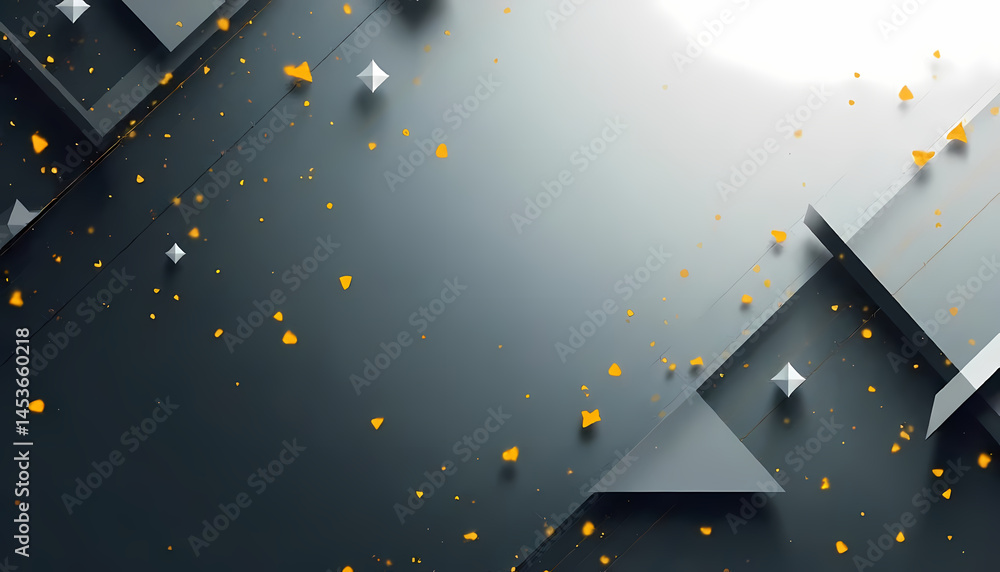 Poster a contemporary abstract design with dynamic geometric forms and golden particles floating around.