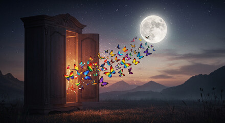 Butterflies Wardrobe Moon Escape Imagination Freedom Surreal Concept Dreams Art Copy Space