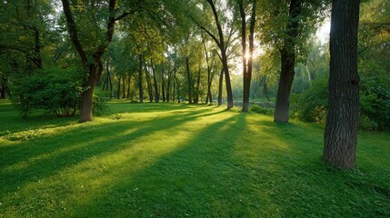 Fototapeta premium Gentle morning light streams through tall trees, casting a warm glow over lush green grass in a quiet park. 