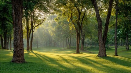 Fototapeta premium Gentle morning light streams through tall trees, casting a warm glow over lush green grass in a quiet park. 