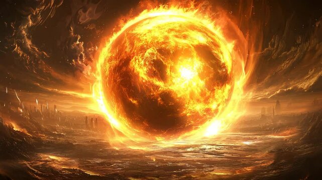 Fiery Celestial Body Glowing orb surrounded by swirling clouds in a dark, atmospheric landscape