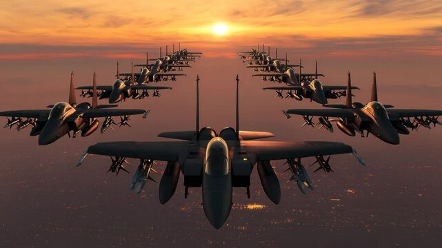 Fighter jets formation flying over city at sunset