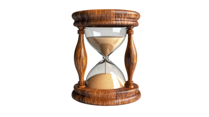 Wooden hourglass with flowing sand inside the glass, cut out transparent